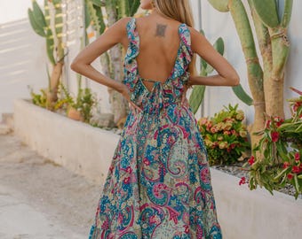 Paisley Print Boho Evening Dress: Ruffled Low Back, Petrol Blue & Gold
