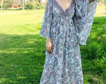 Grey Hilight With Golden  Bohemian Long Butterfly Sleeves Maxi Dress || Low Back Paisley Print Maxi Dress || V Neckline Polyester Dress