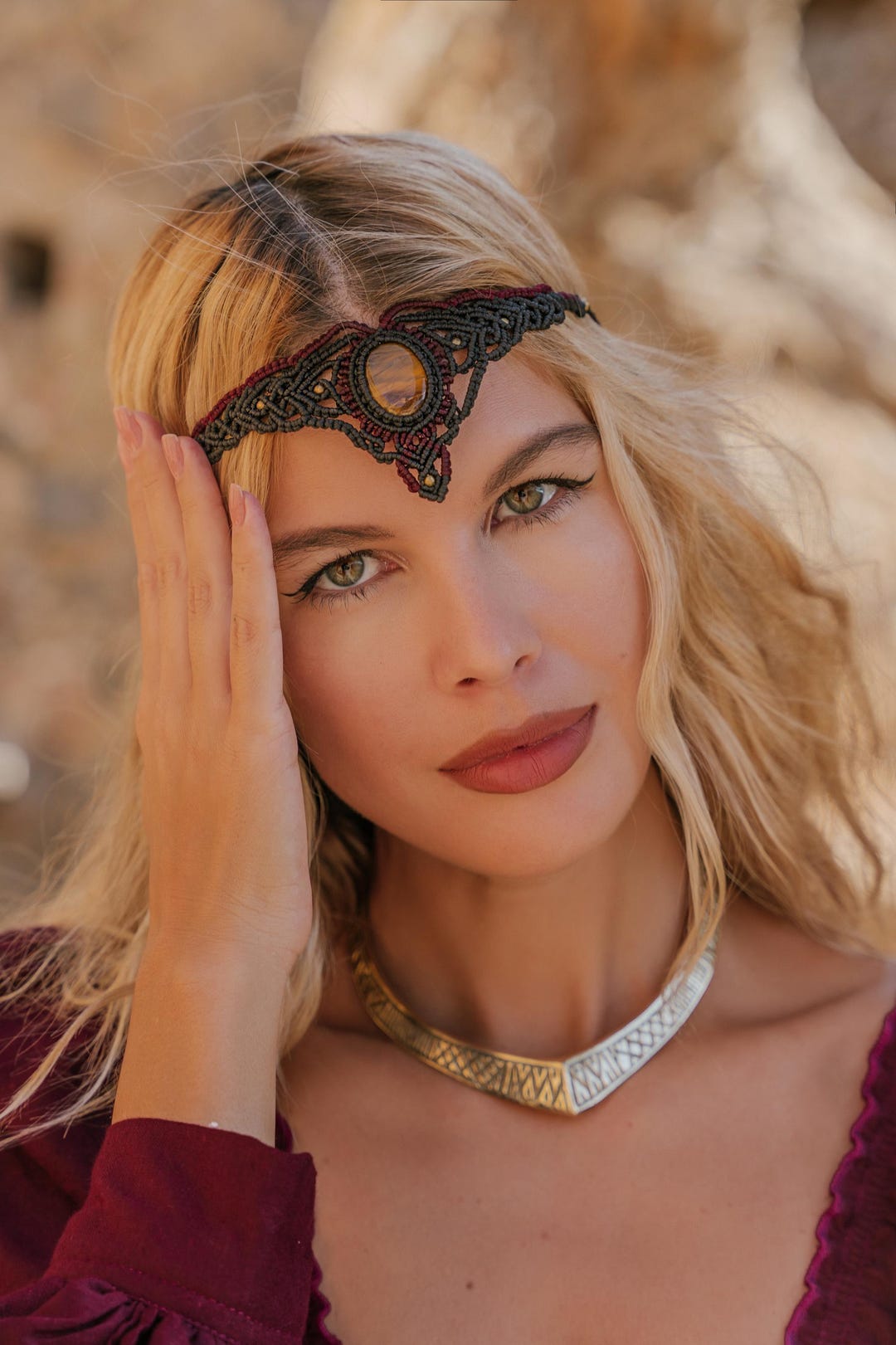 Macrame Gemstone Tiara: Handwoven Cotton Elven Forehead Jewelry - Etsy