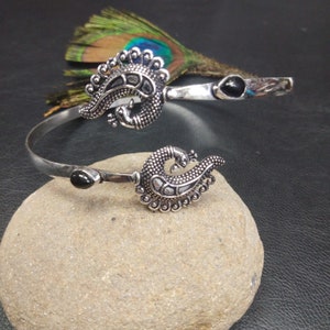 Brass Arm Bracelet with Peacock Patterns and Gemstones