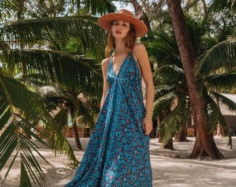Bohemian Halter Dress || Floral Print Long Dress || Colorful Fluid Dress || Lightweight Summer Dress One Size || Sexy Backless Ethnic Dress