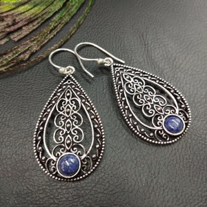 Silver Color Dangle Earrings With Lapis Lazuli ||  Natural Gemstones Ethnic Drop Earrings || Bohemian  Earrings With Blue Stone