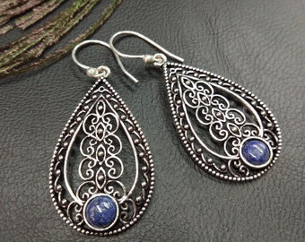Silver Color Dangle Earrings With Lapis Lazuli ||  Natural Gemstones Ethnic Drop Earrings || Bohemian  Earrings With Blue Stone