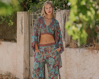 Green Bohemian Polyester Paisley Print Straight Trousers ||  Free Size Side Slid Pants || Side Open Lounge Pants