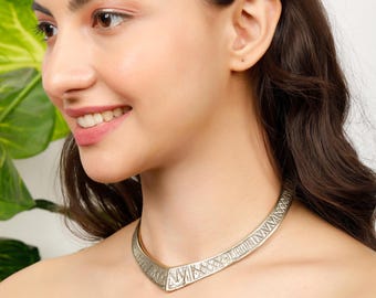 Raw Brass Celtic Pointed Torque Necklace Engraved With Geometrical Tribal Patterns || Ethnic Rigid  Choker || Medival Viking Jewelry