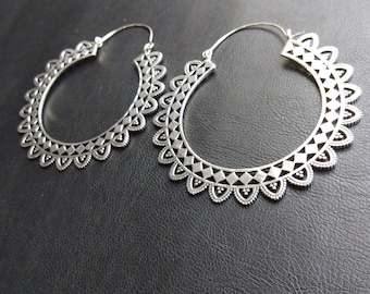 Extra Large Decorated Silver Hoop Earrings || Oversized Ethnic Hoops ||  Openworked Oriental Earrings || Handmade Jagged Brass Hoops