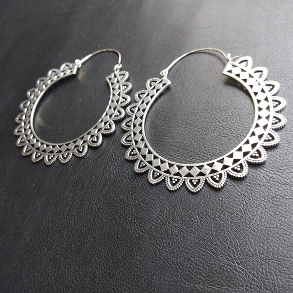 Extra Large Decorated Silver Hoop Earrings || Oversized Ethnic Hoops ||  Openworked Oriental Earrings || Handmade Jagged Brass Hoops