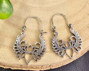 Small Bohemian Hoop Earrings Adorned With Lotus Patterns || Mini Ethnic Openwork Floral  Brass Hoops || Tiny Oriental Filigree Earrings