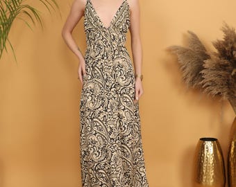 Boho Paisley Maxi Dress | Flowy Polyester Sundress with Gold Accents