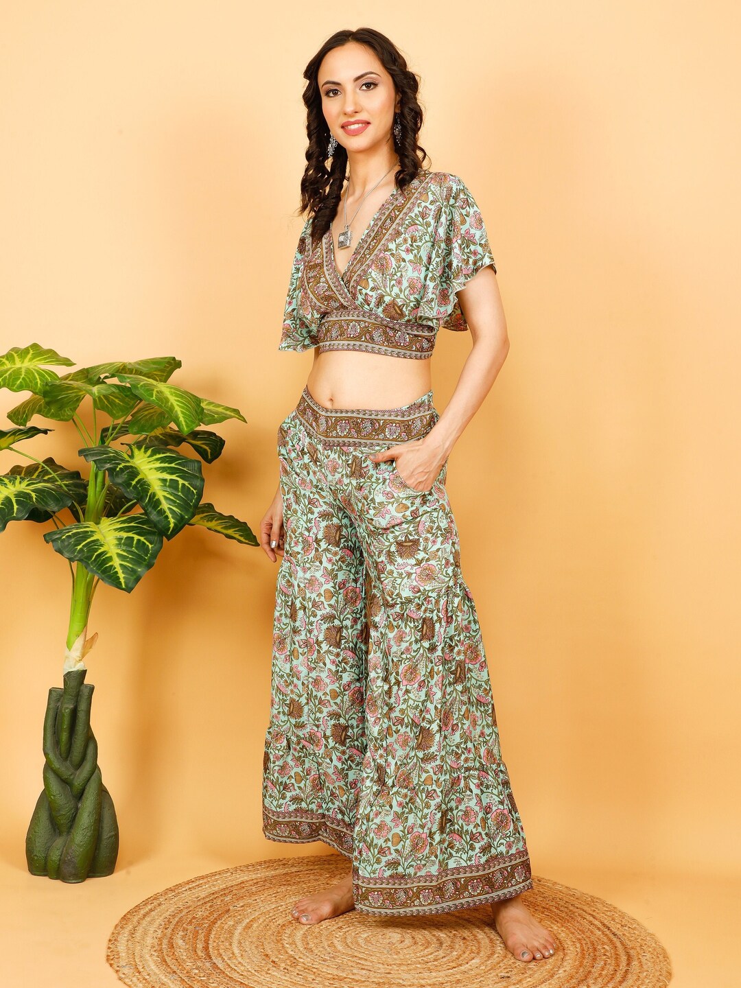 Floral Scarf Belt Cropped Wide Pants main image 0