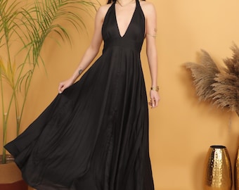 Boho Backless Dress | Black Bohemian Maxi Dress | Viscose Free Size Dress | Backless Goddess Dress | Boho Style Gown