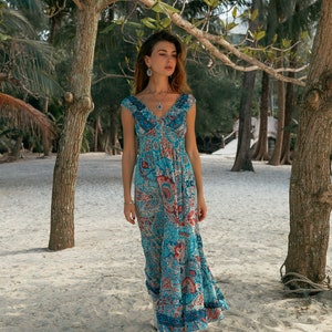 Long Boho Dress With Ruffles || Floral Light Blue Flowy Dress || Printed Maxi Summer Dress