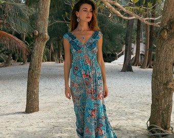 Robe Boho Longue A Volants || Robe Fluide Bleu Clair Imprimé Florale || Robe d'Eté Longue Imprimée