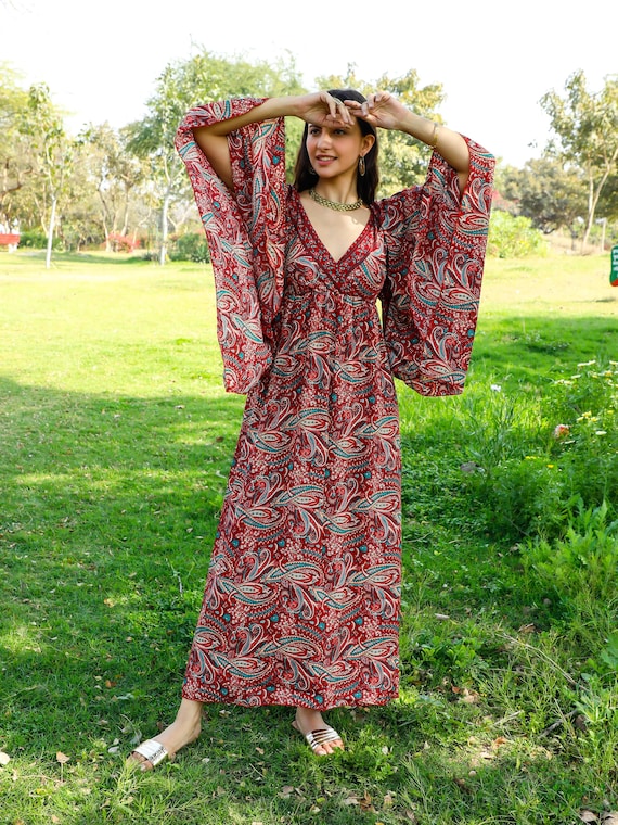 Handmade Burgundy Paisley Maxi Dress: Bohemian Butterfly Sleeve Polyester  Gown - Etsy Israel
