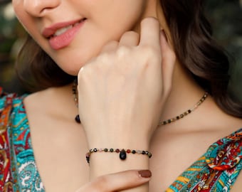 Faceted Tourmaline Gemstone Bead Bracelet Adorned with Amethyst Teardrop Charm || Thin Adjustable Bracelet In Natural Multicolored Stones