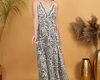 Black & White Paisley Maxi Dress | Boho Halter Dress | Backless Summer Dress | Flowy Bohemian Beach Wear