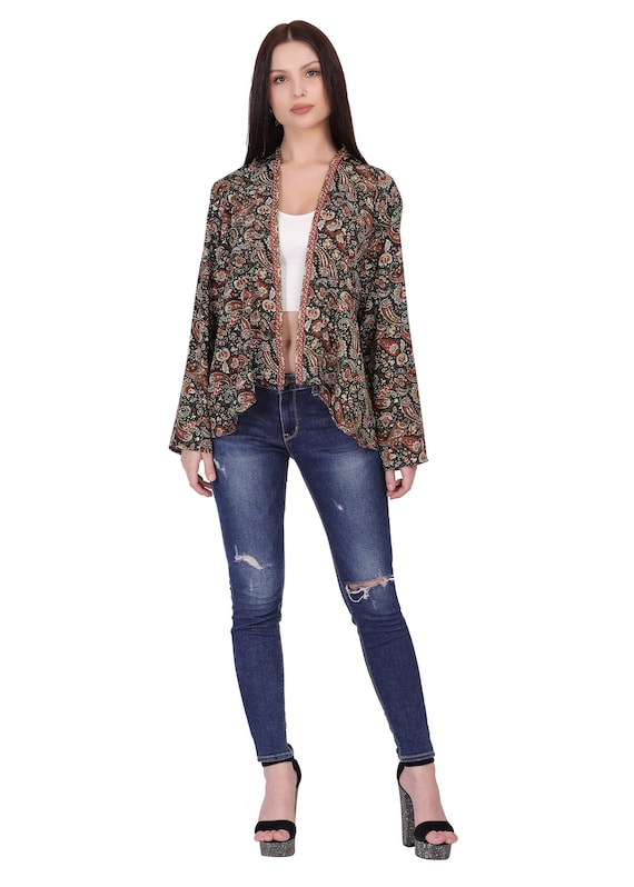 Floral Paisley Print Kimono | Black Boho Jacket, Polyester S/M L/XL