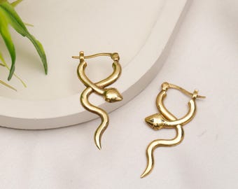 Smooth Small Modern minimaliste Brass Snake Hoop Earrings || Contemporary Snake Jewelry