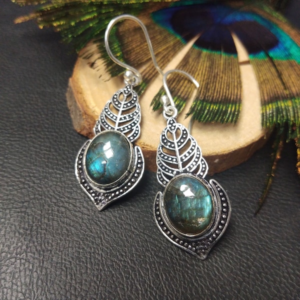 Ethnic Dangling Silver Earrings "Peacock Feather" || Bohemian Earrings With Semi Precious Stones