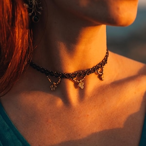 Boho Woven  Brass Beads and Charms Necklace, Macramé Ethnic Choker Necklace, Hand Braided Cotton Tribal Necklace