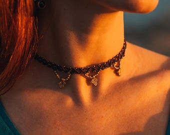 Boho Woven  Brass Beads and Charms Necklace, Macramé Ethnic Choker Necklace, Hand Braided Cotton Tribal Necklace