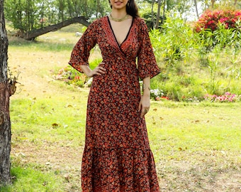 Black Bohemian Chic Polyester Maxi Dress || Floral And Paisley Tie Back Dress || Fluid Wide 3/4 Sleeves Dress || Ruffled Bottom Dress