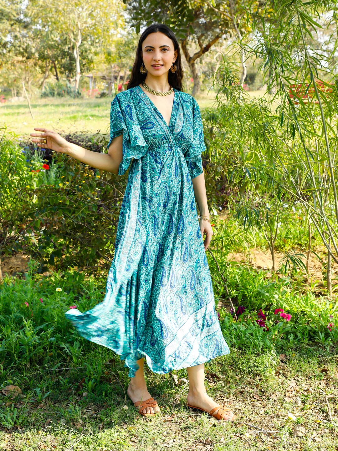 Blue Paisley Maxi Dress: Bohemian Butterfly Sleeve Open Back
