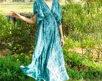 Blue Bohemian Butterfly Sleeves Maxi Dress || Open Back Paisley Print Maxi Dress || Loose Polyester Tie Back Dress