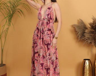 Paisley Bohemian Burgundy Maxi Dress | Halter Open Back | Free Spirit Summer Look| Open Back Summer Outfit