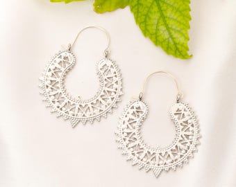 Boho Tribal Hoop Earrings | Geometric Crescent Hoops | Openwork Brass Jewelry | Nomadic Style | Ethnic Dangle Earrings