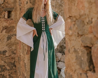 Handmade Medieval Cotton Gown: Bottle Green & White Lace-Up Dress