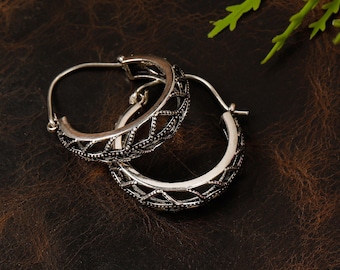 Thick Ethnic Hoop Earrings | Light Decorated and Openwork Earrings | Original Bohemian Hoop Earrings | Brass Earrings