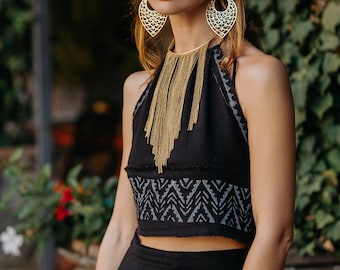Black Backless Raw Cotton Black  Top ||  Vegetable Dye Bare Back Top ||  Natural Fabric Block Print Alter Top || Free Size Boho Crop Top