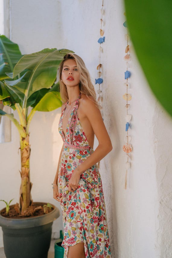 Boho Floral Print Maxi Dress | Halter Neck, Open Back