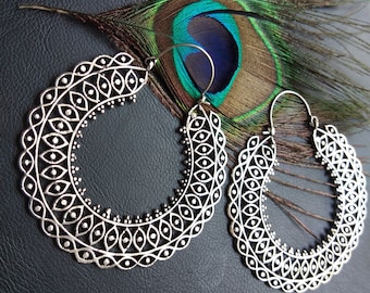 Large Silver Brass Hoop Earrings | Handmade Ethnic Geometric Earrings