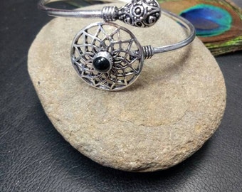 Silver Color Adjustable Bracelet with Obsidian || Adjustable Ethnic Bracelet with Black Stone || Semi Open Boho Bangle With Gemstone