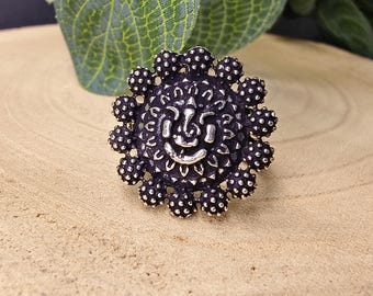 Chunky Oxidyzed Ethnic Ganesh Ring || Large Bohemian Round Antique Finished Silvered Ring ||  Tribal Adjustable Mandala Ring
