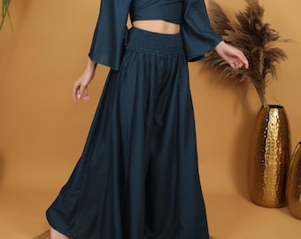 Petrol Blue Viscose Palazzo Pants | Wide Leg Boho Trousers, Smocked Waist