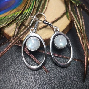 Handmade Silver Brass Dangle Earrings | Oval, Semi Precious Stone
