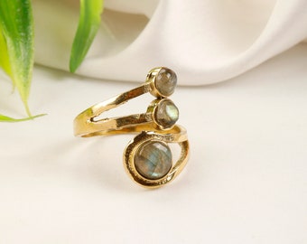 Adjustable Ring with 3 Gemstones || Boho Brass Ring with Natural stones || Minimalist Crisscross Ring