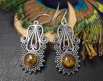 Dangling Medival Earrings With Semi Precious Stones || Swirls Floral Silver Earrings With Natural Stones