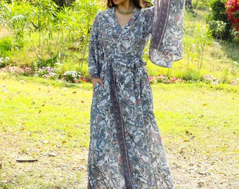 Bohemian Grey And Golden Kimono || Fluid Paisley Print Long Lounge Wear Vest || Free Size Pink Polyester Dressing Gown