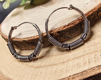 Small Silvered Brass Hoop Earrings Decorated With Ethnic Designs  || Every Day Tribal Earrings || Timeless Hoop Earrings