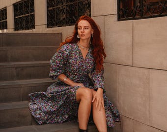 Floral Boho Wrap Dress ||  Mid Length Dress || Flower Printed Cotton Long Dress ||  Long Sleeves Dress With Elasticated Cuffs