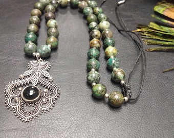 Unique Piece Necklace In African Turquoise and Ethnic Silver Pendant || Medieval Pendant Necklace || Natural Stones Necklace