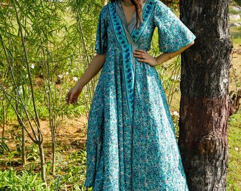 Bohemian Beige And Blue  Wrap Dress || Long Floral And Paisley Print Dress || || Blue Butterfly Sleeves Maxi Dress