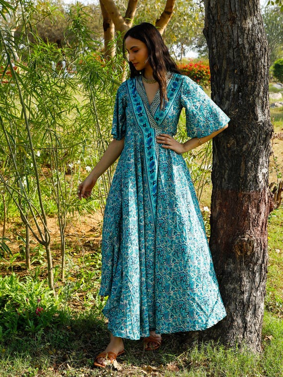 Handmade Bohemian Floral Paisley Wrap Dress: Blue Butterfly Sleeve Maxi