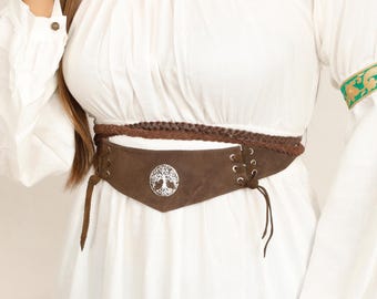 Medieval Suede Belt Decorated With Brass Tree Of Life || Bohemian Handmade Pointy Cut  Waistband Adorned With Powerful Mystic Sign