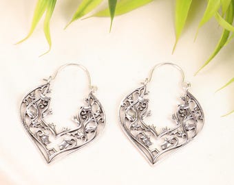 Brass Floral Scrolls Work Ethnic Earrings | Openwork Medieval Inspired Hoop Earrings | Handmade Boho Jewelry | Romantic Filigree Earrings