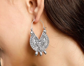 Aztec God of Sun Brass Hoop Earrings, Maya Sacred Symbol Earrings, Gothic Mystic Hoops Decorated With Skulls, Talisman Tribal Earrings